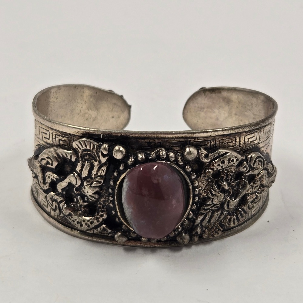 Vintage Dragon Cuff Bracelet Silver Tone Red Stone Greek Key Pattern Wide Bangle